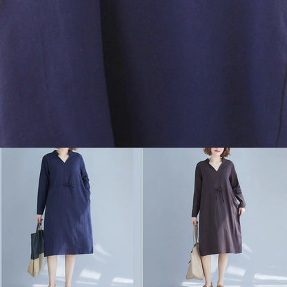 Simple V Neck Drawstring Spring Robes Neckline Gray Dresses