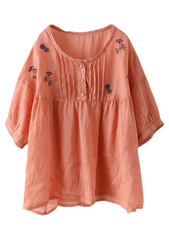 Handmade Orange O-neck Embroideried Button Wrinkled Linen Tops Half Sleeve