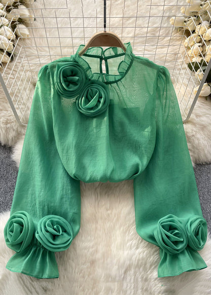 Rose Ruffled Chiffon Tops Long Sleeve