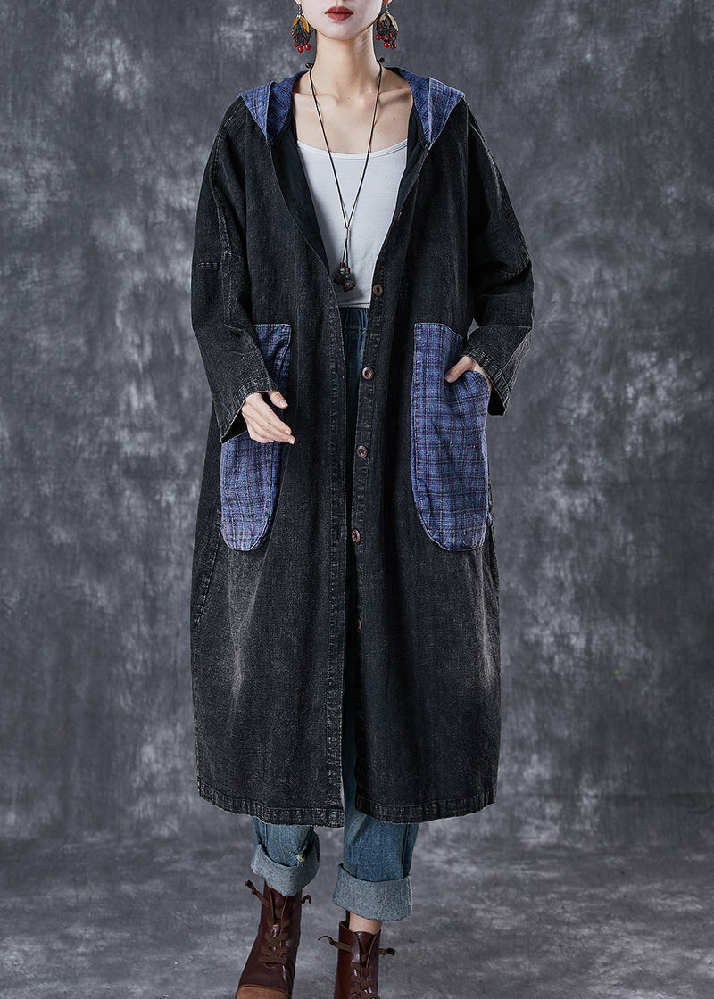 Black Hooded Patchwork Big Pockets Denim Coats Fall