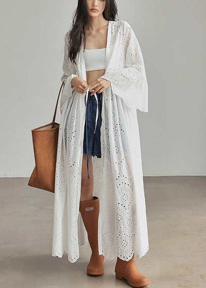 White Lace Up Hollow Out Cotton Dresses Flare Sleeve