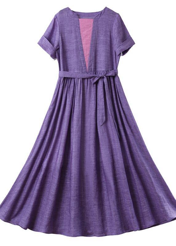 Loose Purple Patchwork Bow Summer Linen Dress