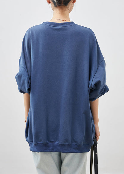 Blue Embroideried Oversized Cotton Pullover Spring