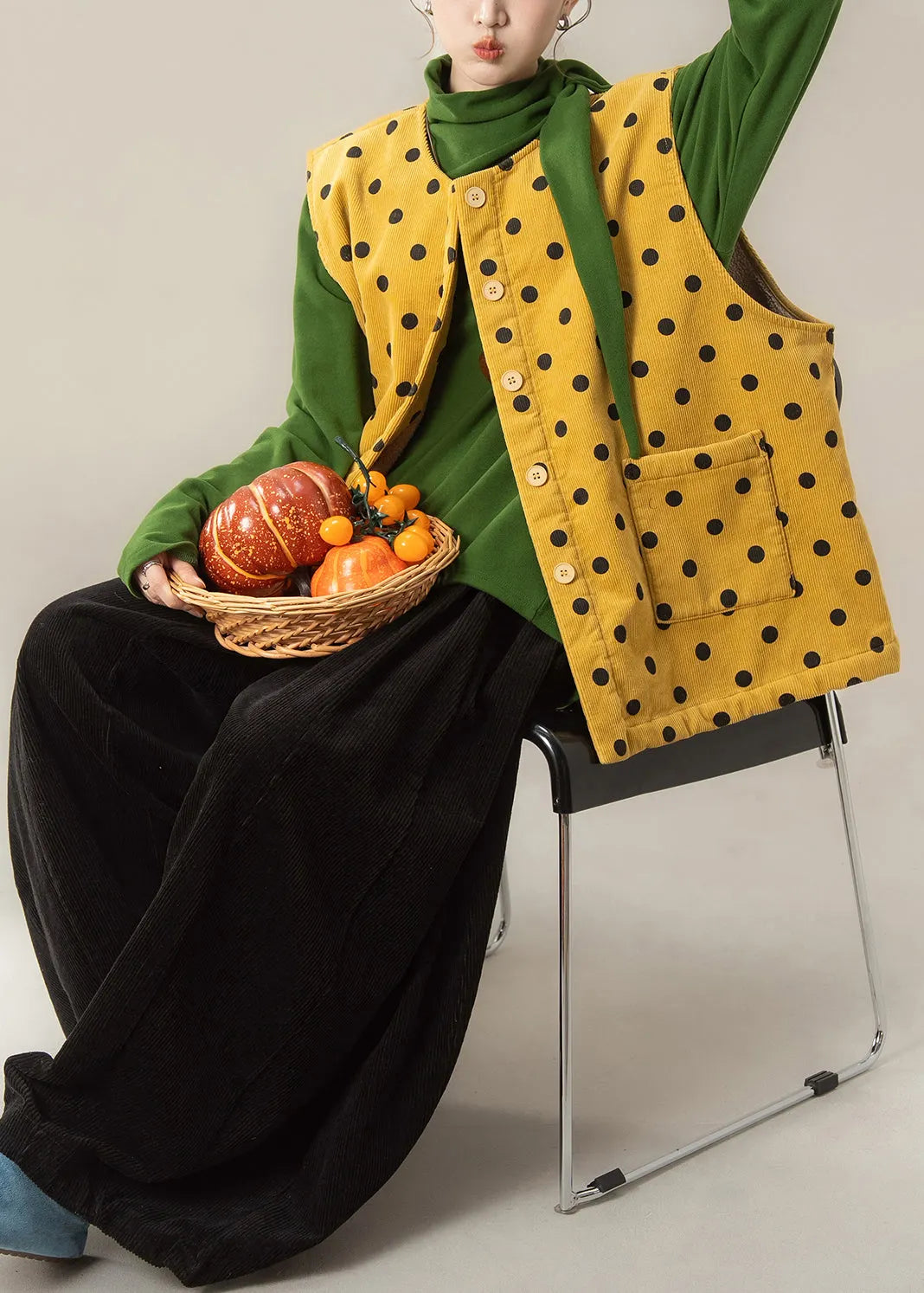 Japanese Style Yellow Dot Corduroy Vest and T Shirt Pants Set Winter