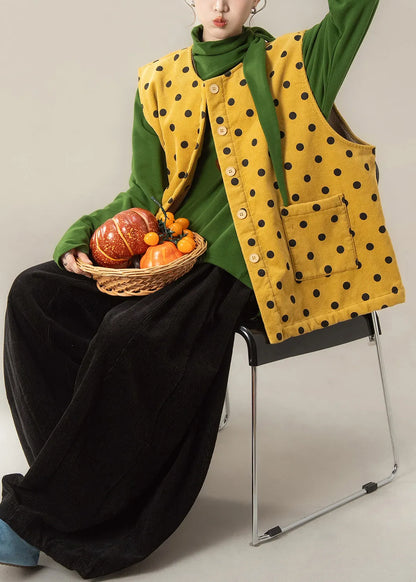 Japanese Style Yellow Dot Corduroy Vest and T Shirt Pants Set Winter
