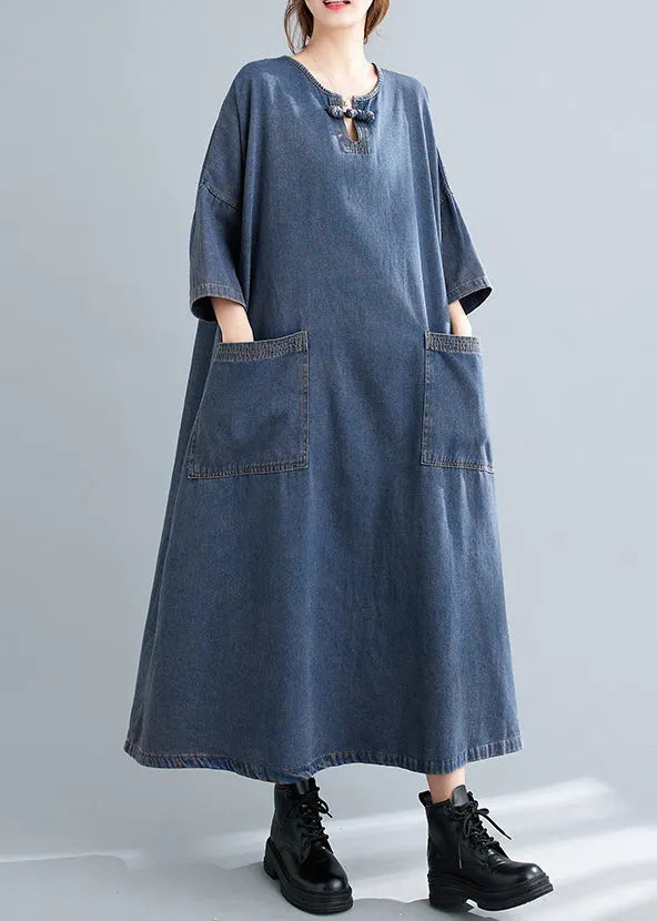 Blue O Neck Pockets Patchwork Denim Long Dresses Fall