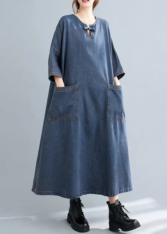 Blue O Neck Pockets Patchwork Denim Long Dresses Fall