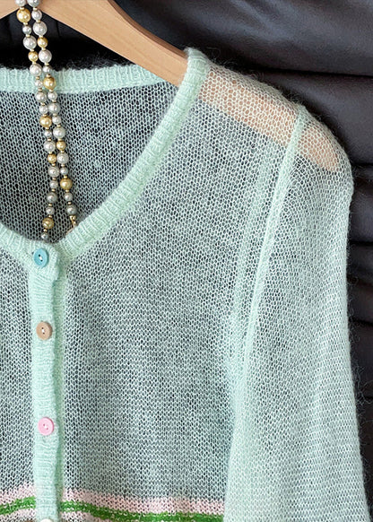 Blue O Neck Striped Patchwork Thin Knit Cardigans Fall