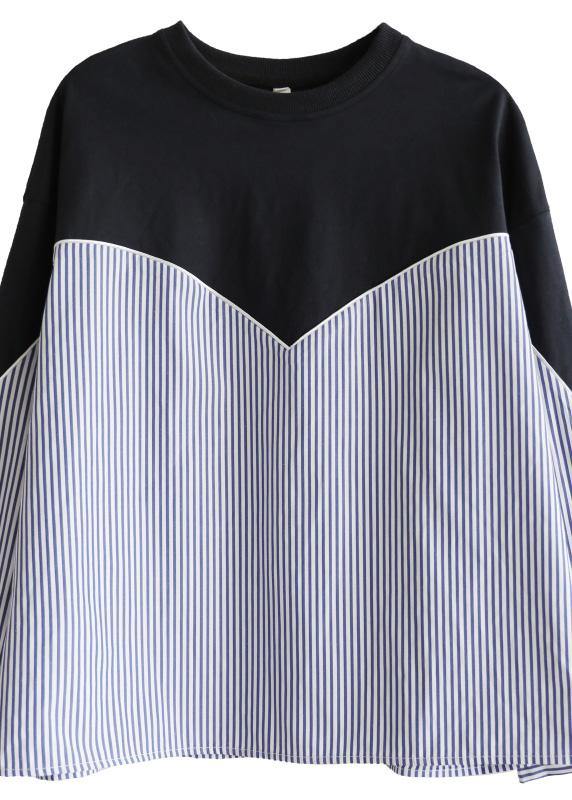 Fitted Navy Patchwork Striped Long Sleeve Spring Blouses