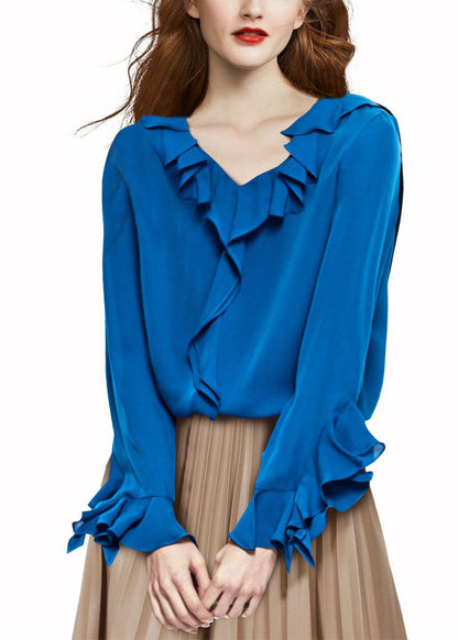 Blue V Neck Ruffled Chiffon Shirt Top Long Sleeve