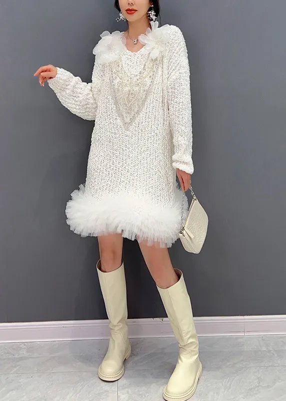 White O-neck Tulle Patchwork Knit Dress Long Sleeve