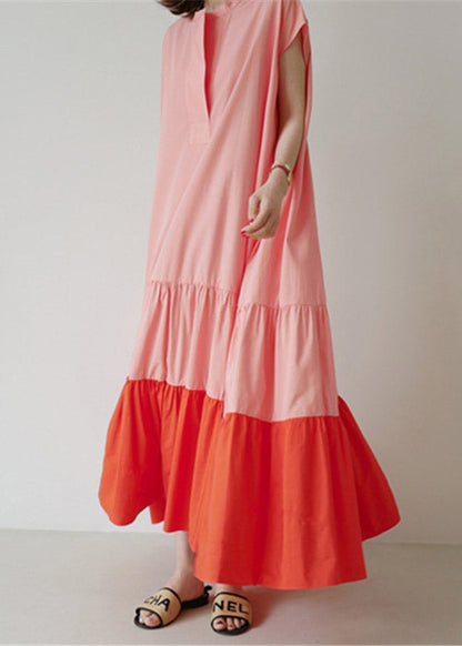 Natural O-neck Patchwork Pockets Wrinkled Cotton Long Dresses Short Sleeve