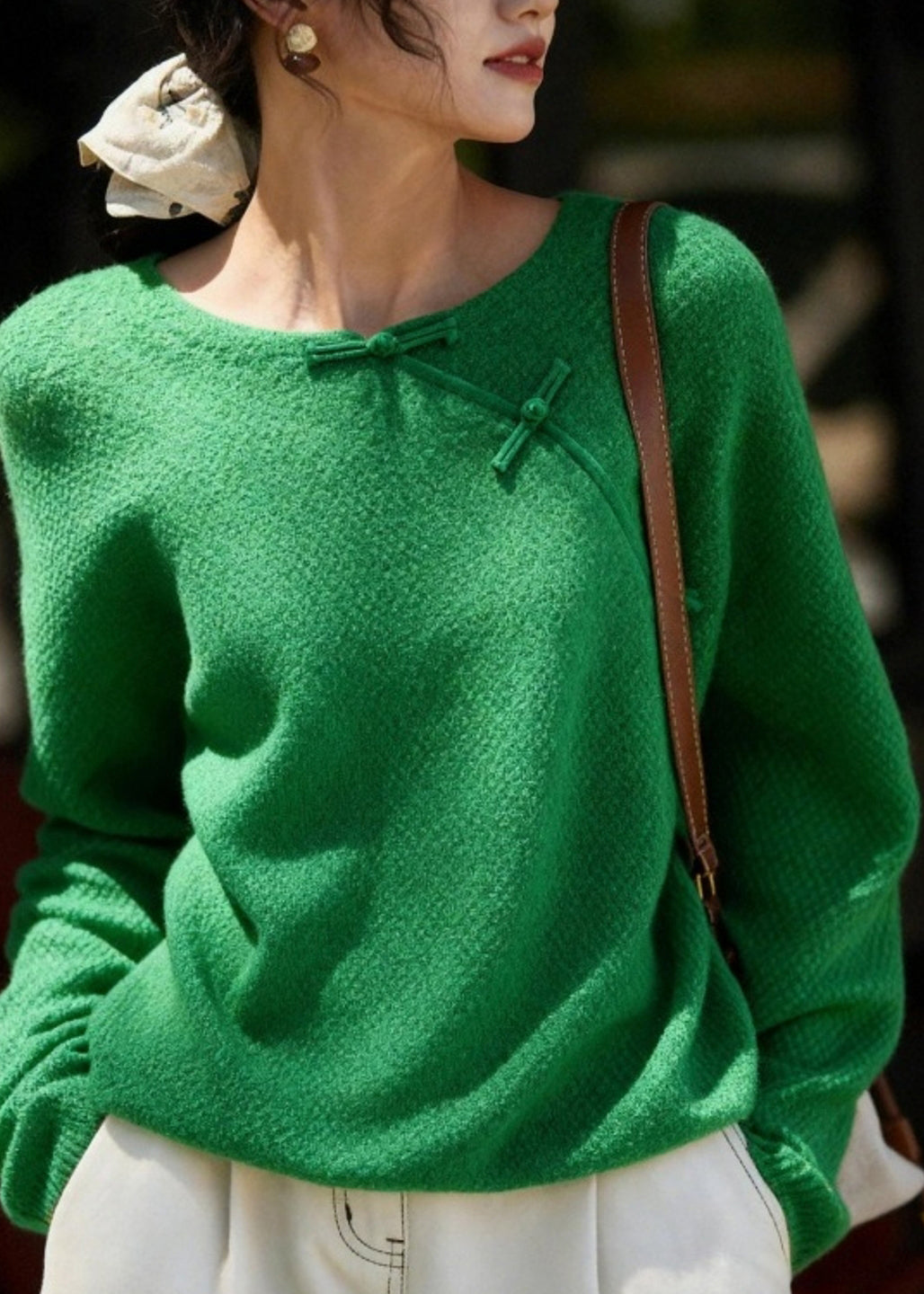 Chinese Style Green O-neck Patchwork Cozy Cotton Knit Sweater Fall