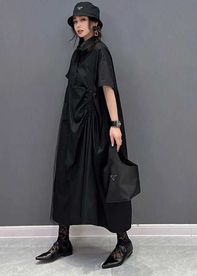 Black Peter Pan Collar Cinched Button Tulle Patchwork Maxi Dresses Short Sleeve