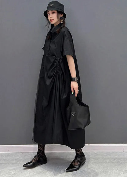 Black Peter Pan Collar Cinched Button Tulle Patchwork Maxi Dresses Short Sleeve