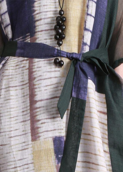 Loose Blackish Green Print Linen Maxi Dresses Half Sleeve