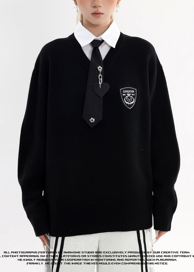 Style Black Peter Pan Collar Patchwork Knit Fake Two Piece Shirts Winter