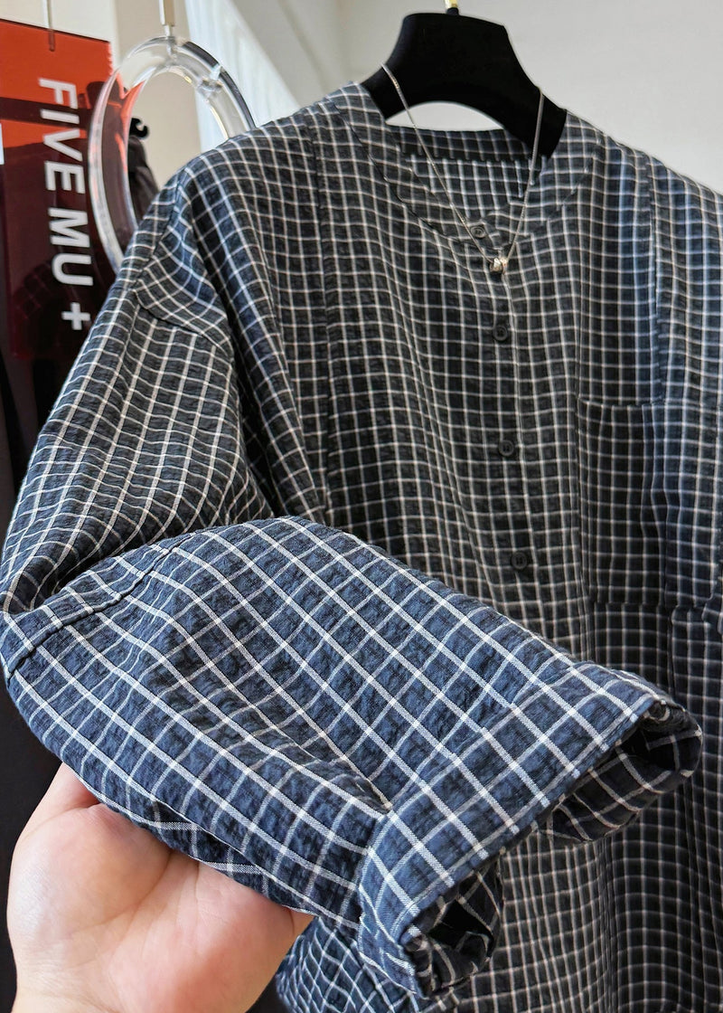 Black Plaid Stand Collar Pockets Cotton Shirt Top Fall