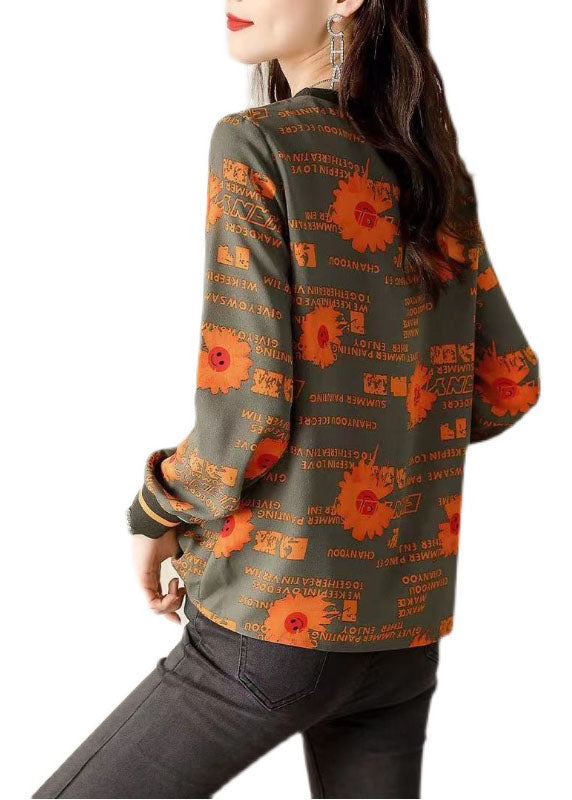 Classy Army Green Print Cotton Tops Spring