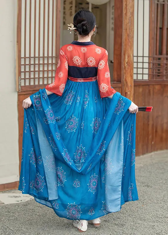 French Blue Embroideried Lace Up Wrinkled Patchwork Chiffon Maxi Dress Summer