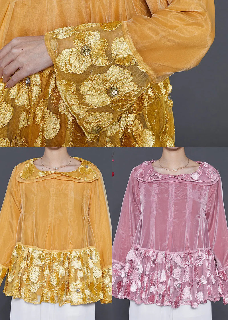Art Yellow Double-layer Collar Patchwork Organza Pullover Tops Spring
