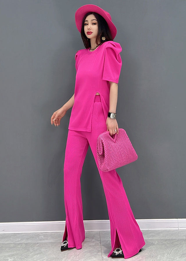 Slim Fit Red O-neck Side Open Cotton Two Piece Suit Set Short Sleeve