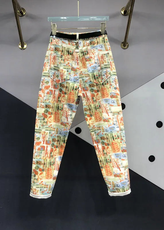 Modern Yellow Print Pockets Patchwork Denim Pants Fall