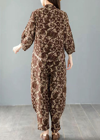 Brown O-neck Button Two Pieces Set Bracelet Sleeve