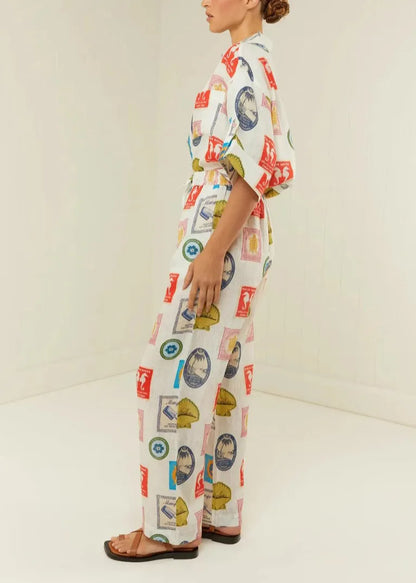 Peter Pan Collar Print Tops and Pants Two Piece Set Outfits Summer