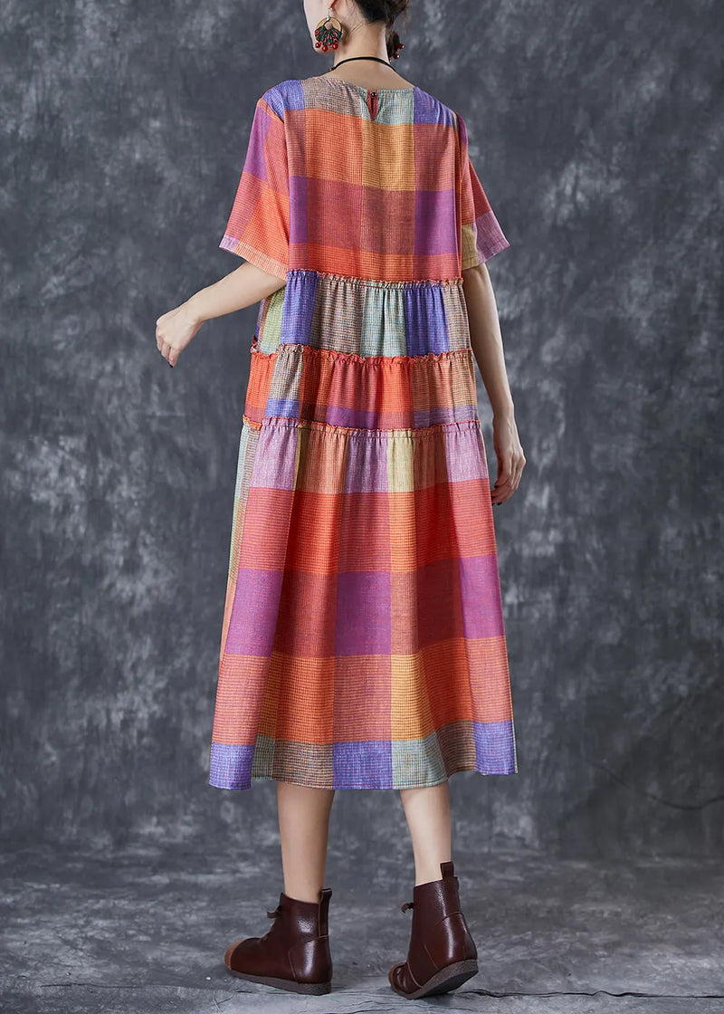 Multicolour Plaid Ruffled Cotton Long Dress Summer
