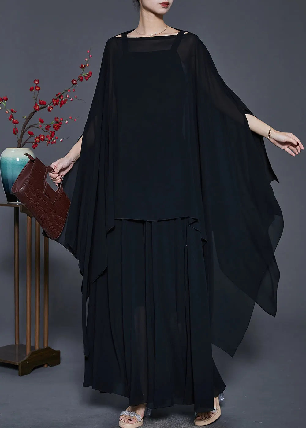 Black Loose Chiffon Two Piece Suit Set Asymmetrical Design Spring