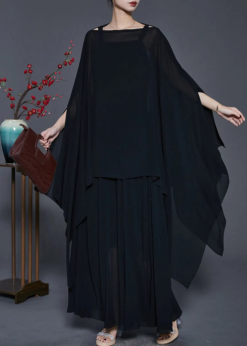 Black Loose Chiffon Two Piece Suit Set Asymmetrical Design Spring