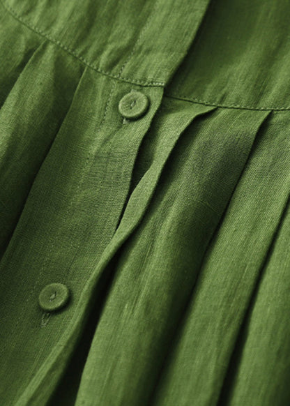 Art Green Button Wrinkled Cotton Blouses Dress Spring