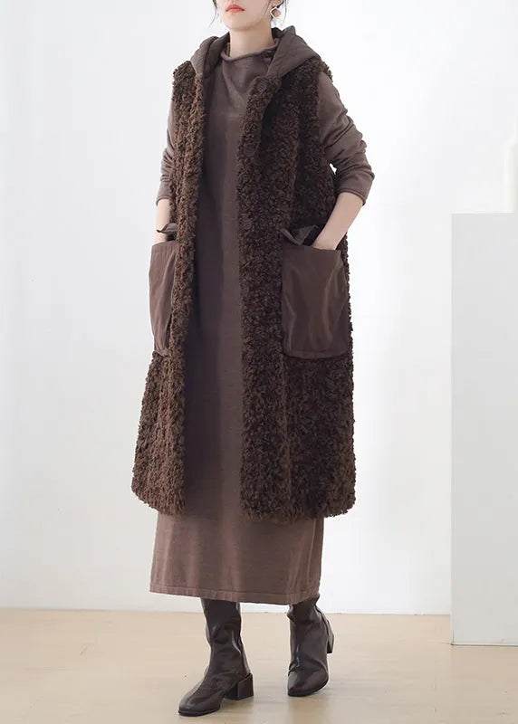 Chocolate Colour Button Woolen Hooded Waistcoat Sleeveless