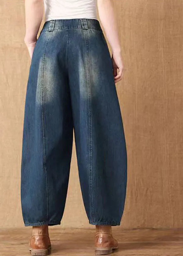 Denim Blue High Waist Pockets Patchwork Cotton Harem Pants Spring