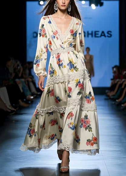 Diy Apricot Print Lace Patchwork Silk Holiday Dress Spring