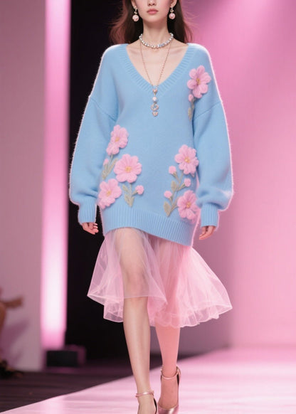 Blue V Neck Knit Pullover Winter
