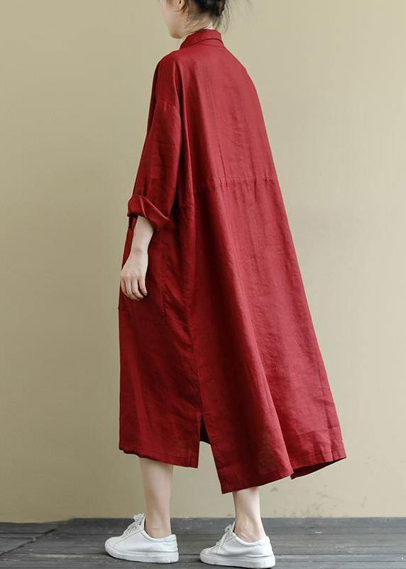 Red Flower Linen Shirt Dress Oversize Spring Maxi Dresses
