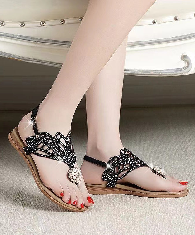 Black Flip Flops Sandals Cowhide Leather Zircon