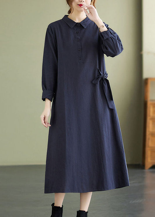 Navy Tie Waist Cotton Vacation Dresses Long Sleeve
