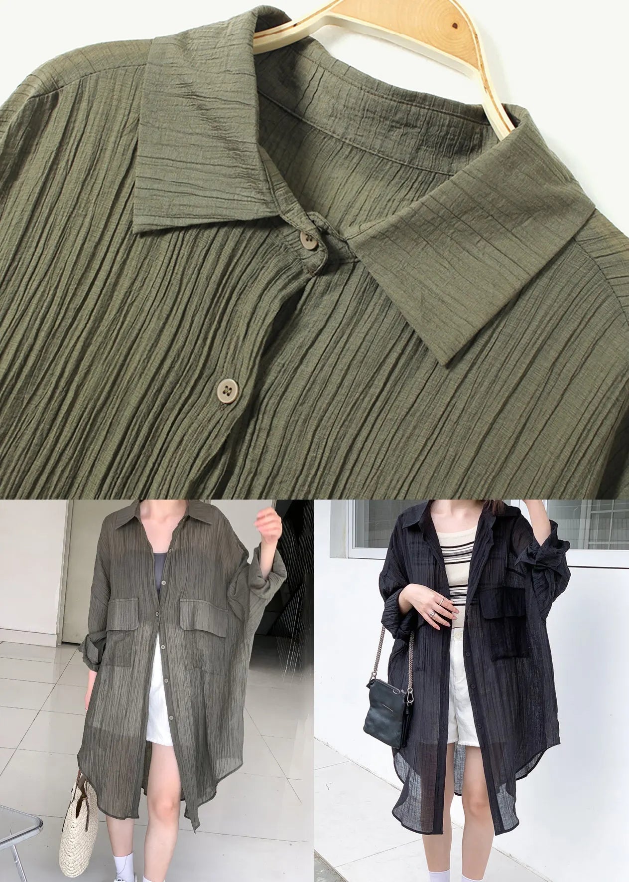 Black Wrinkled Patchwork Cotton Top Peter Pan Collar Long Sleeve