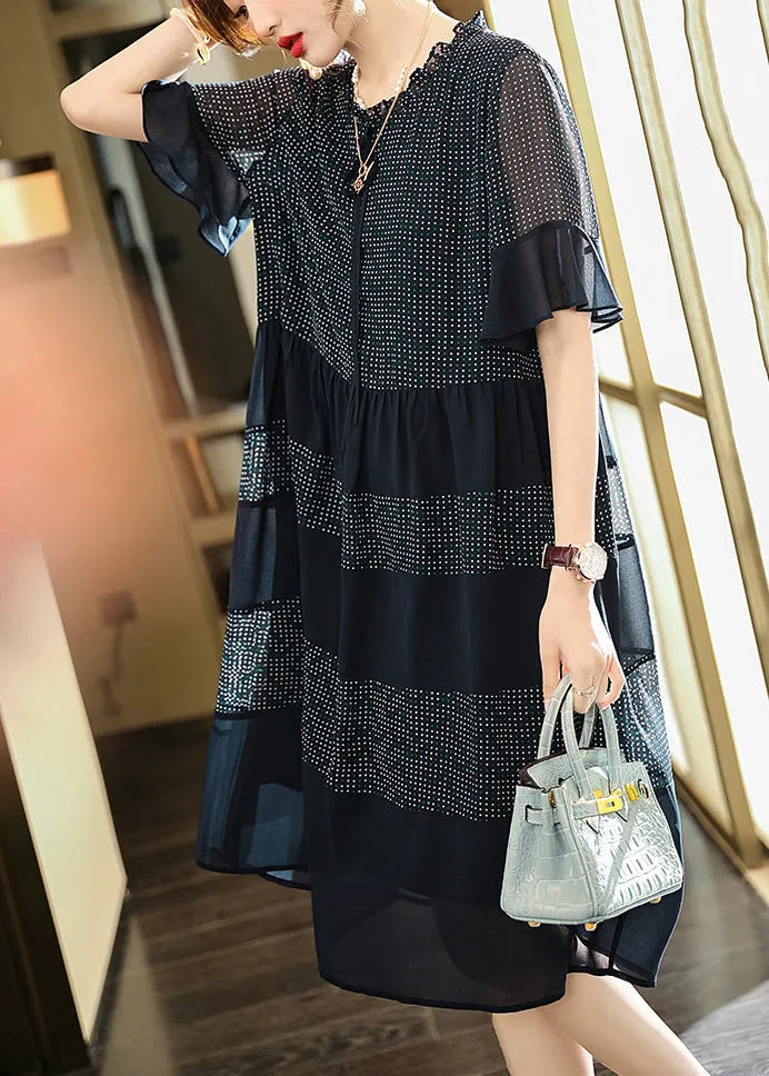 Navy Ruffled Print Chiffon Dress Flare Sleeve