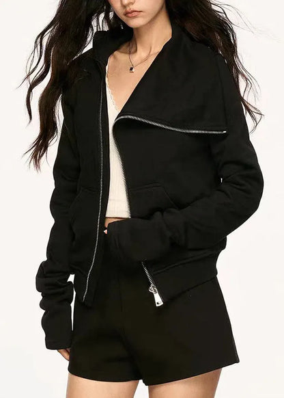 New Black Peter Pan Collar Zip Up Pockets Cotton Coats Fall