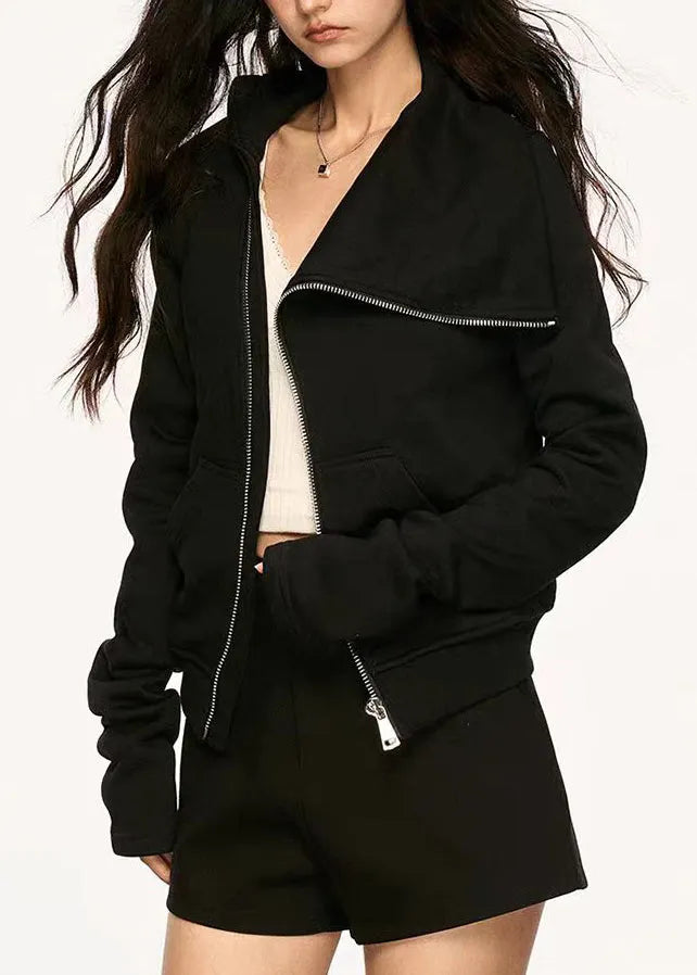 New Black Peter Pan Collar Zip Up Pockets Cotton Coats Fall