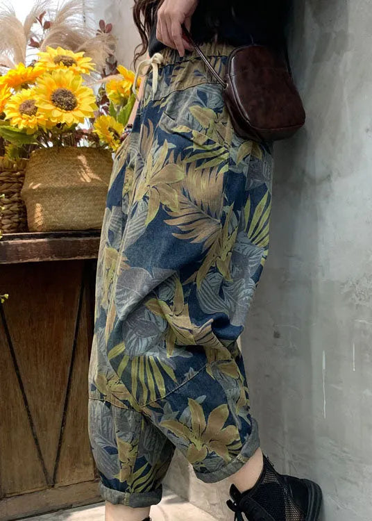 Blue Cinched Print Patchwork Denim Pants Spring