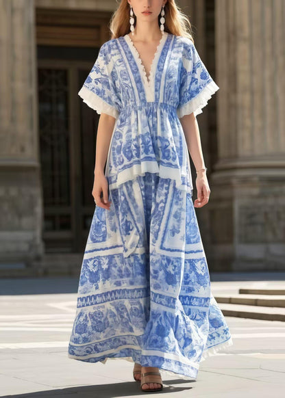 Blue Print Exra Large Hem Cotton Holiday Dress Summer
