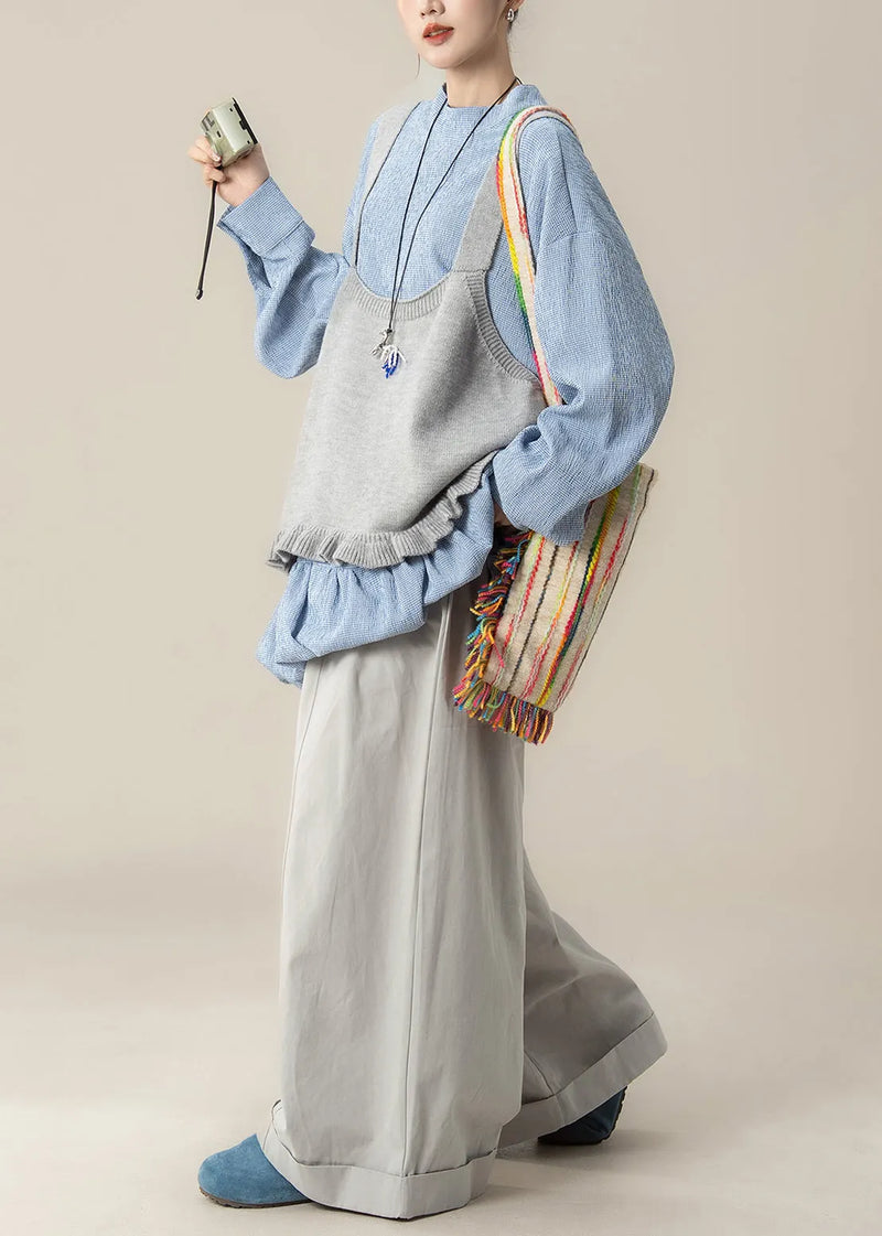 Loose Grey Ruffled Knit Vest Blue Lace Up Tops and Pants Cotton Three Piece Set Fall