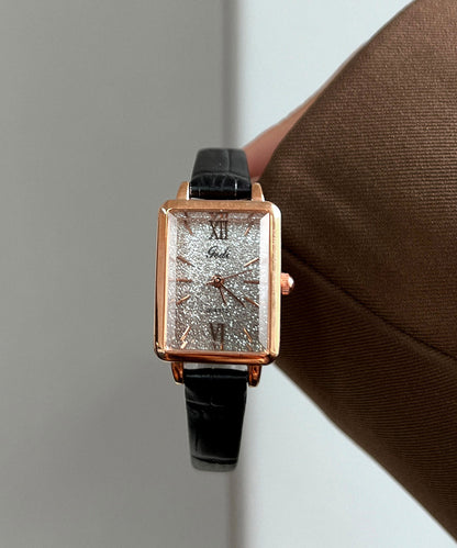 Brown Leather Zircon Square Watches