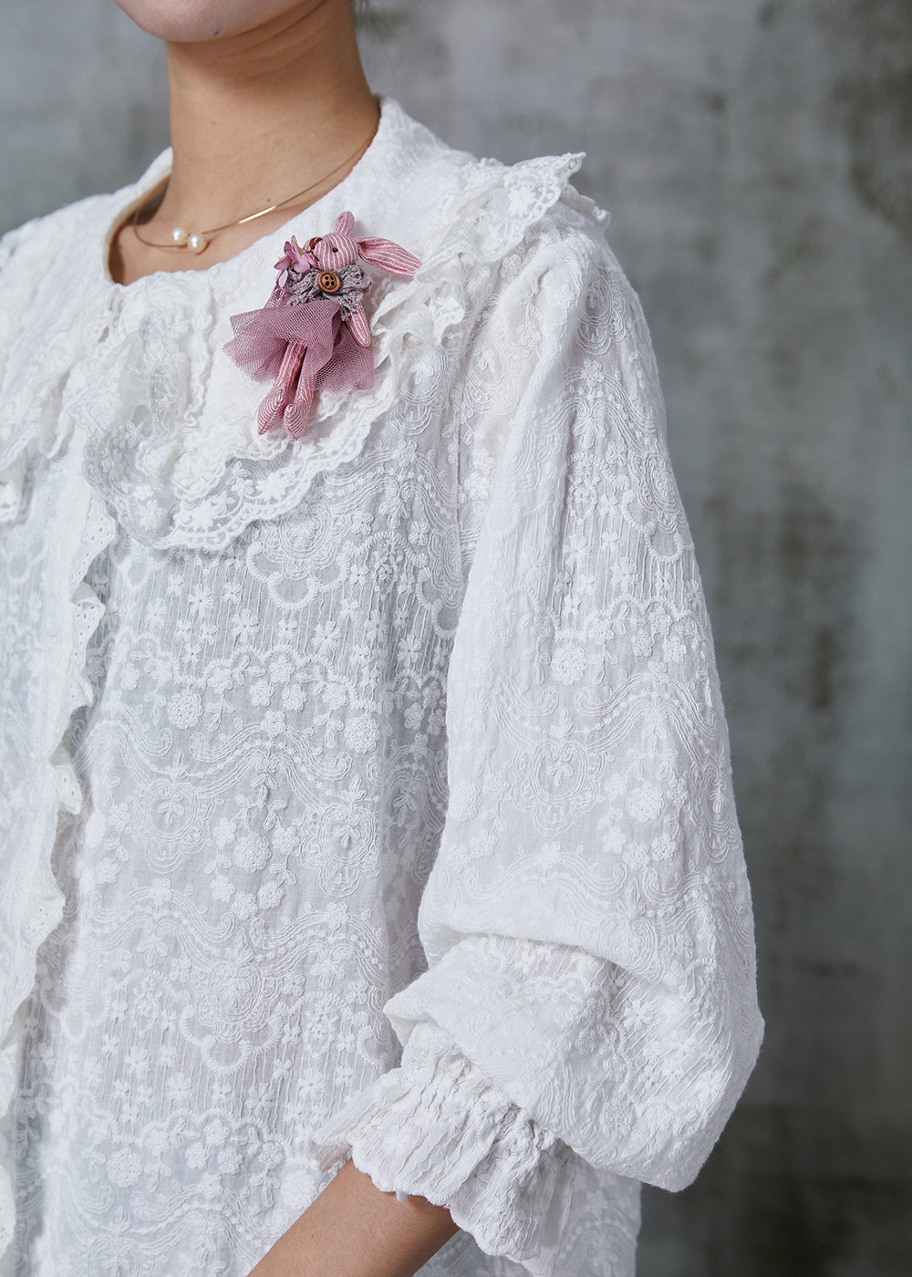 White Double-layer Embroidered Cotton Blouse Top Spring