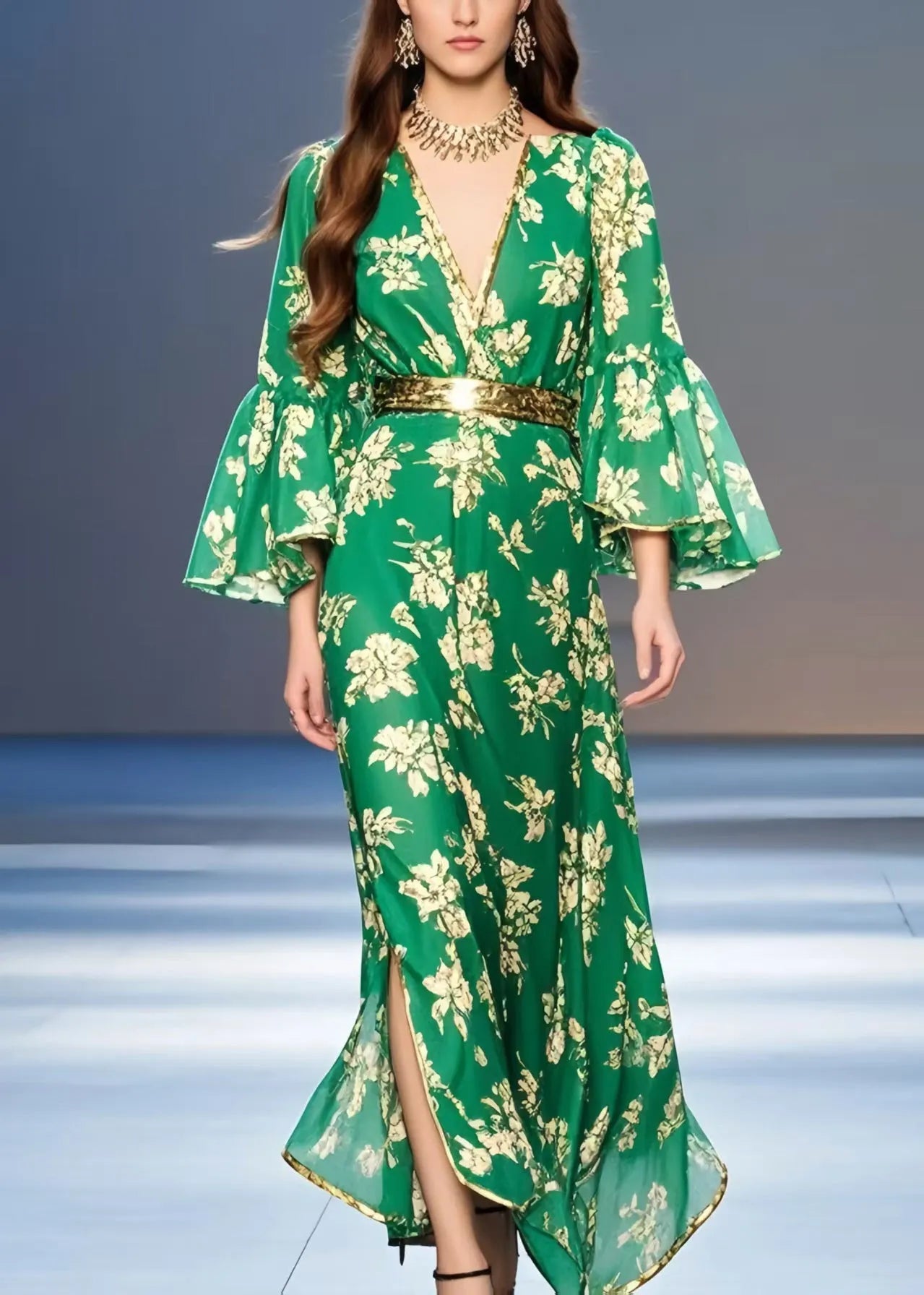 Green Print Chiffon Tunic Dress Flare Sleeve